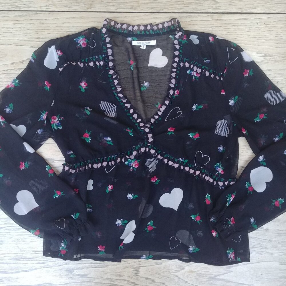 Avec Les Filles Large black semi sheer long sleeve blouse top ruffles pink green